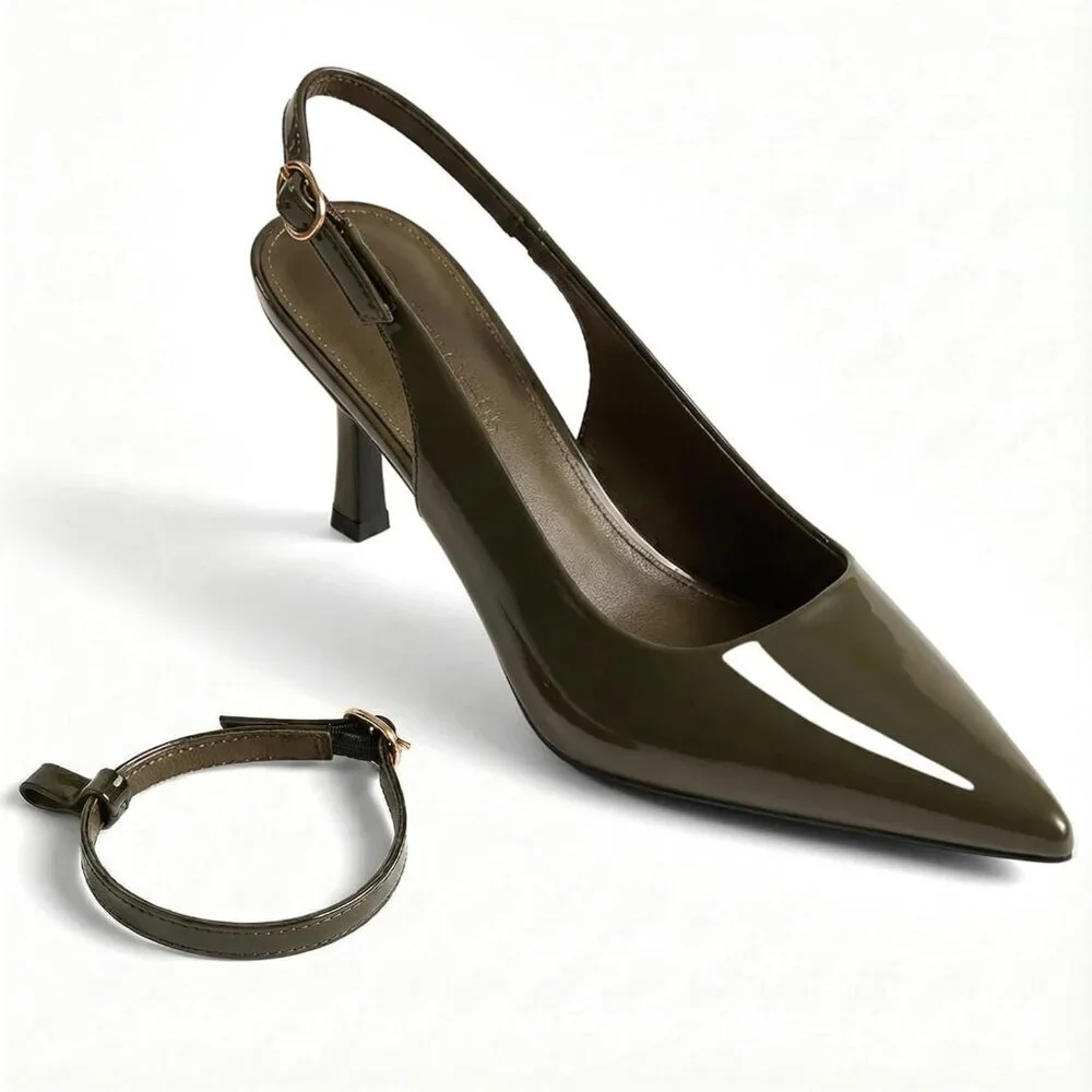 Women's Oil Green Pointed Toe High Heels Slingback Stiletto Ankle Strap Pumps